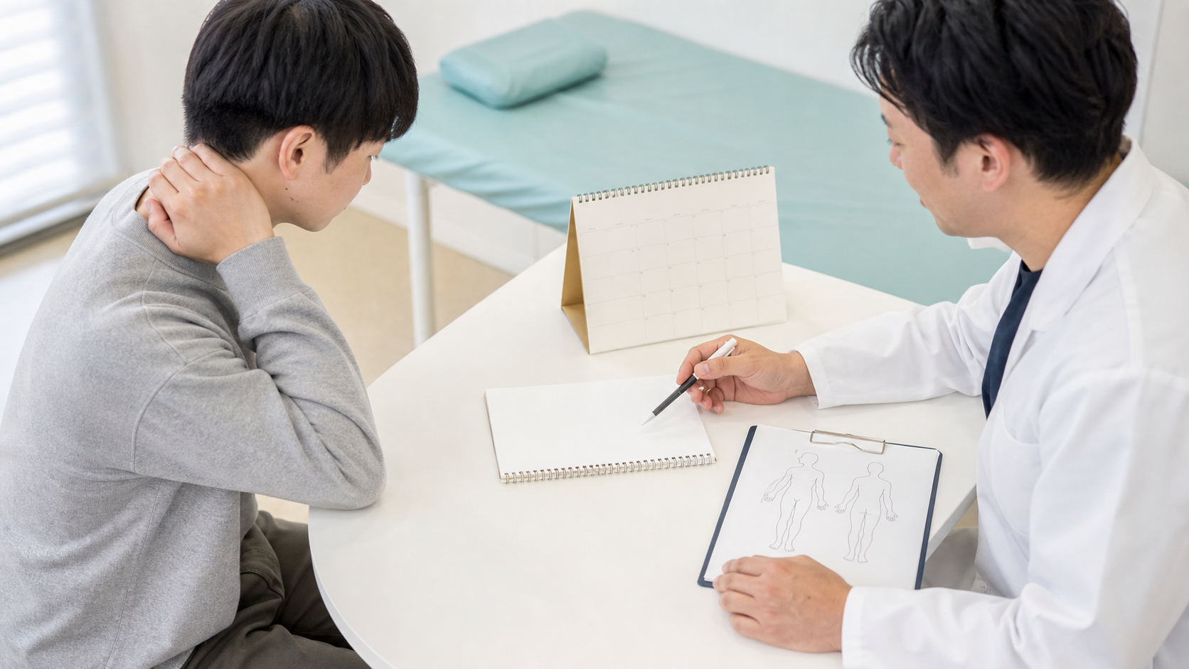 交通事故後の治療経過を医師と時系列で確認する患者