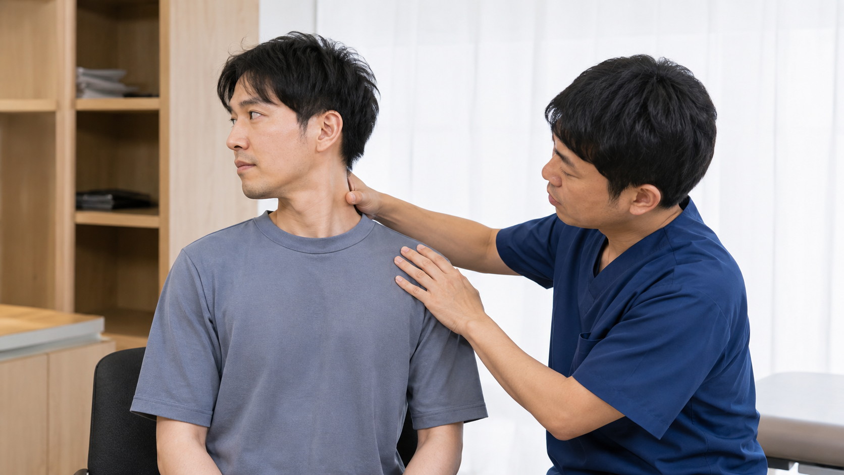 整形外科医が交通事故後の首の動く範囲を診察する場面