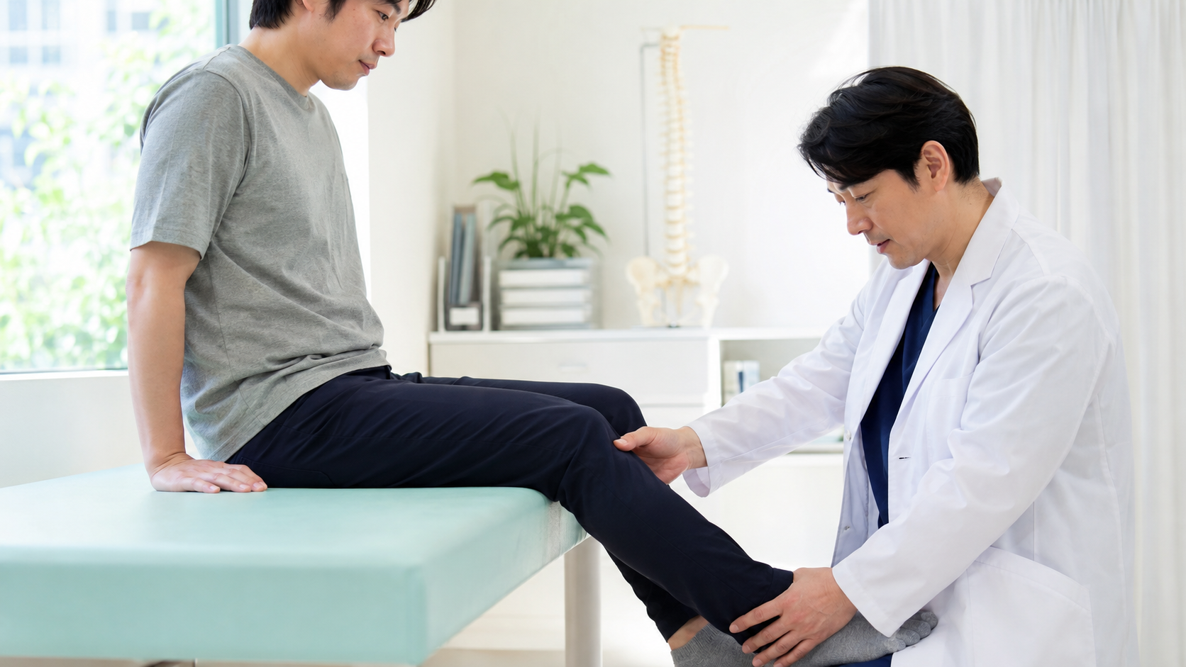 交通事故後の腰痛について脚の筋力と感覚を確認する整形外科診察