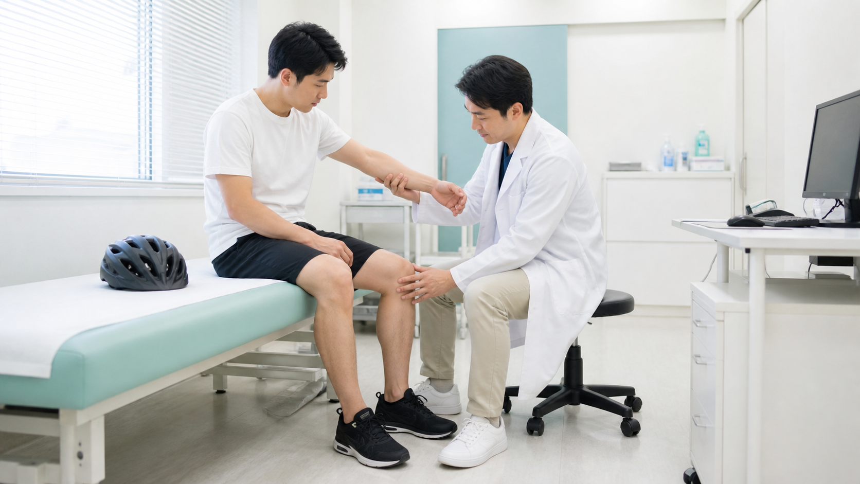 自転車事故後に整形外科で腕と膝の診察を受ける患者