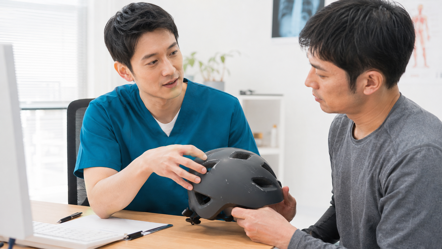 自転車用ヘルメットの損傷を医療者と確認する場面