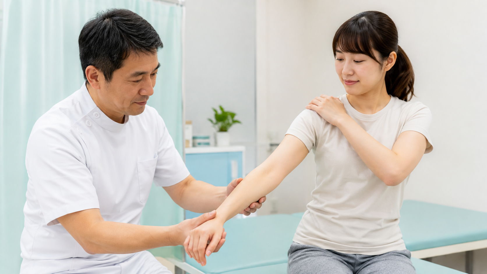 自転車転倒後の手首と肩の状態を確認する整形外科医