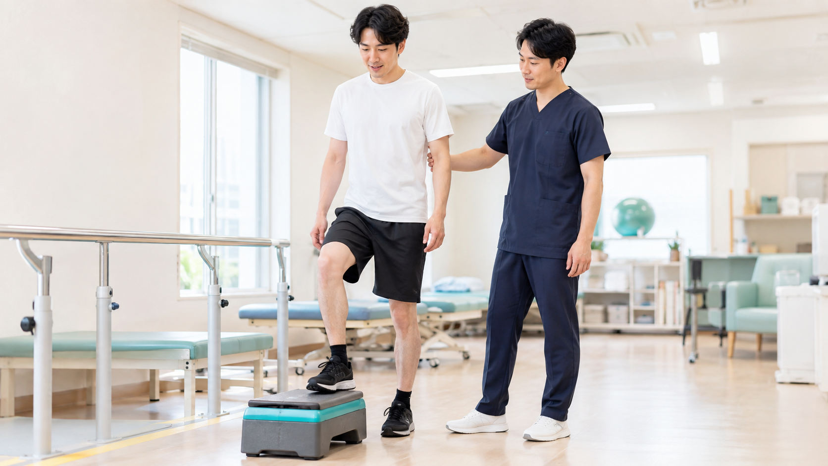 自転車事故後の膝と歩行をリハビリで確認する患者